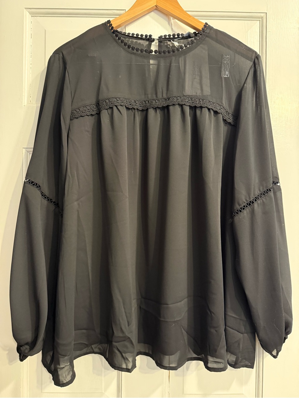 BloomChic Black Sheer Lace-Trim Long-Sleeve Blouse